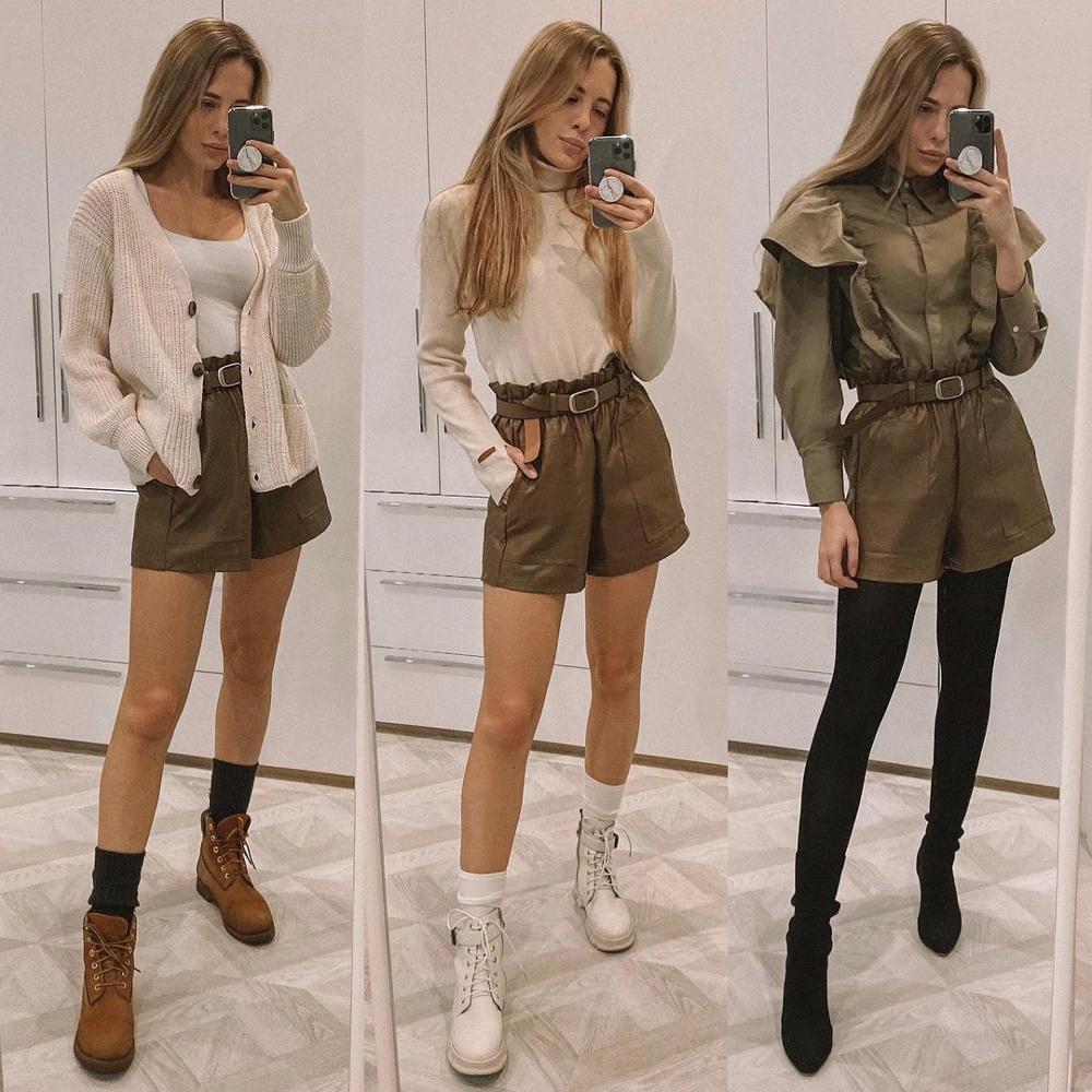 Paperbag Leather Shorts With Belt Front Pocket