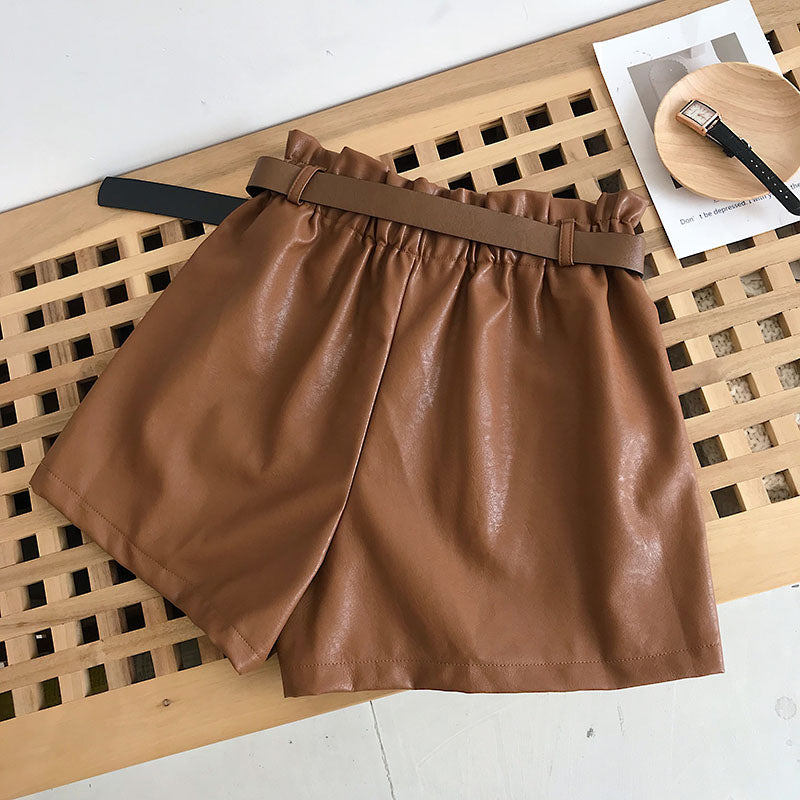 Paperbag Leather Shorts With Belt Front Pocket