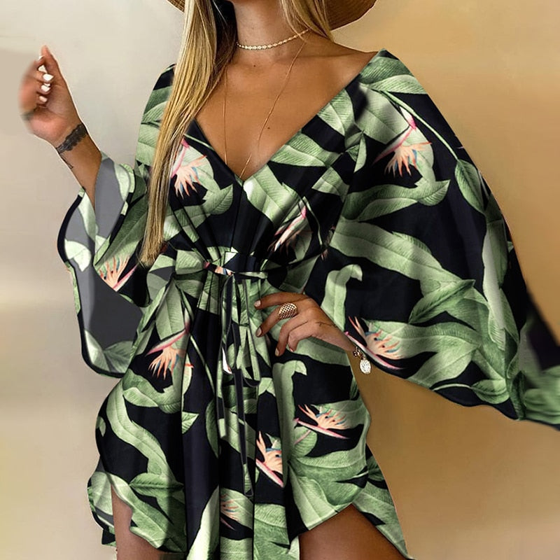 Sexy Deep V Neck Long Batwing Sleeve Mini romper