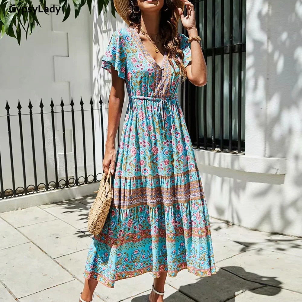 Floral Printed Maxi Dress Vintage Boho