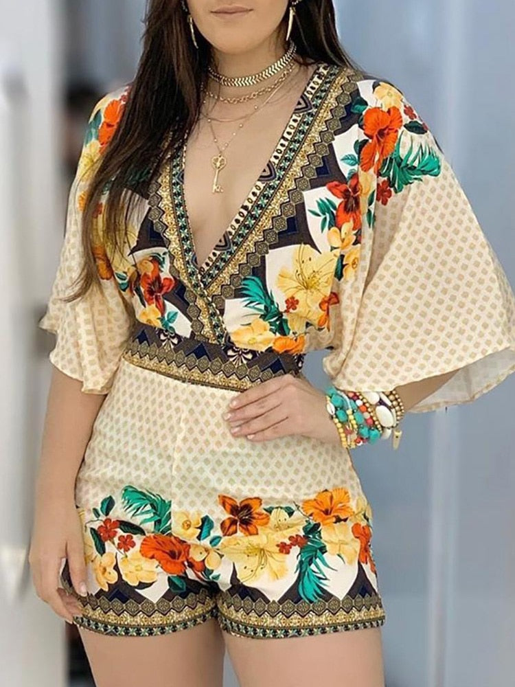 Deep V Neck Floral Half Sleeve Romper Women