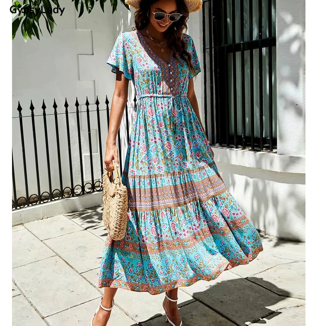 Floral Printed Maxi Dress Vintage Boho