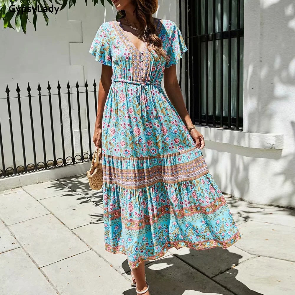 Floral Printed Maxi Dress Vintage Boho