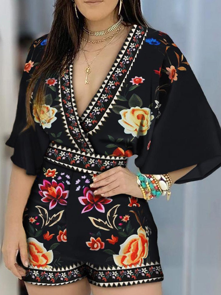 Deep V Neck Floral Half Sleeve Romper Women