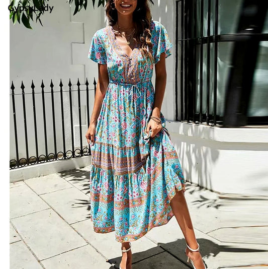 Floral Printed Maxi Dress Vintage Boho