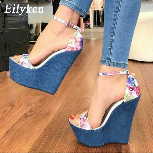 Print Denim Woman Sandals Roman High Quality Wedges Heels